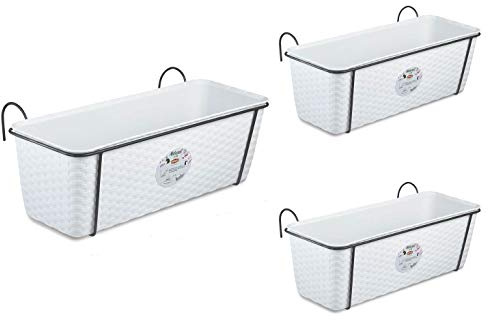 3er Set Pflanzkasten im Rattan-Design mit Metallrahmen, Weiß | Mit Wasserspeicher für Geländer und zum Aufstellen, Maße 50 x 16 x 18 cm, für Balkon und Terrasse
