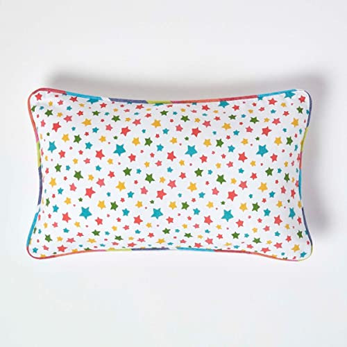HOMESCAPES - 100% Cotton - Stars - Cushion Cover - 30 x 50 cm Rectangular - 12 x 20 Inches - Multi Colour Orange Red Blue Yellow - 100% Cotton Sofa Pillow Cushion Cover - Washable