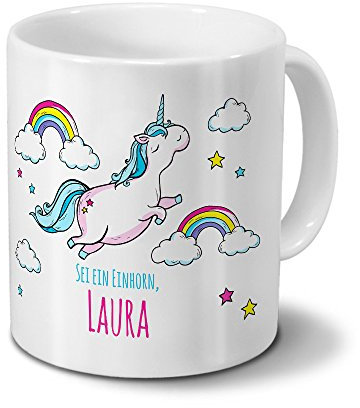 printplanet Tasse mit Namen Laura - Motiv Dickes Einhorn - Namenstasse, Kaffeebecher, Mug, Becher, Kaffeetasse - Farbe Weiß