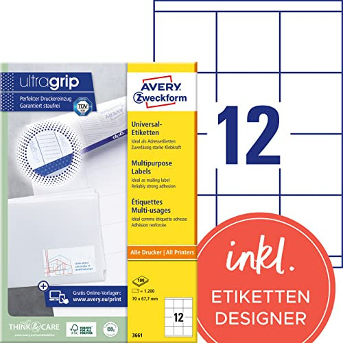 AVERY Zweckform 3661 Adressaufkleber (1.200 Klebeetiketten, 70x67,7mm auf A4, Papier matt, bedruckbare Absenderetiketten, selbstklebende Adressetiketten mit ultragrip) 100 Blatt, weiß