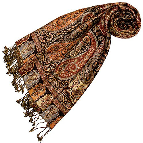 Lorenzo Cana Marken Damenpashmina Schal Schaltuch Stola Umschlagtuch Naturfaser opulentes Muster in harmonischen braun Farben mit Fransen 70 cm x 200 cm - 78166