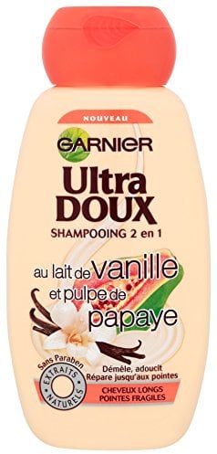 Garnier Ultra Dolce - Shampoo 2 in 1 per capelli lunghi con punte fragili, con latte di Vaniglia/polpa di Papaya, 250 ml, set di 3