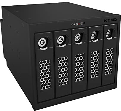 Icy Box IB-555SSK 5-fach Backplane (Formfaktor 3x 5,25) für 5x 3,5 (8,9 cm) SATA/SAS HDD, Aluminium, abschließbar, Lüfter, LEDs, schwarz