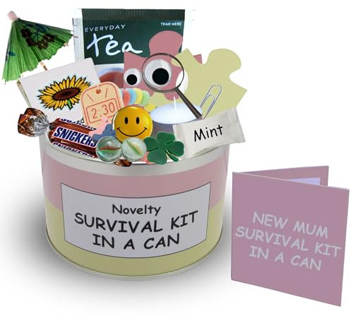 Mummy To Be Survival Kit in a Can – Funny New Mum Gift – Novelty Gift Set for Expecting Mothers – Unique Keepsake Present for Pregnancy or Baby Shower – Packed with Fun (Pink/Cream)