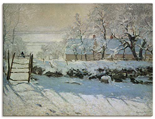 ARTLAND Wanddeko Leinwand Bilder Wandbild 80x60 cm Landschaften Wintergarten Bäume Schnee Zaun Vogel Die Elster 1868/69 Impressionismus Claude Monet T7XO