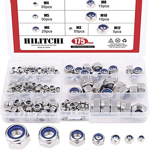hilitchi 155-piece Edelstahl Nylon Kontermutter Sortiment Kit, Größe: M3 M4 M5 M6 M8 M10 M12