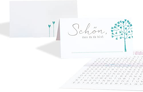 15 Tischkarten Set Platzkarten Hochzeit HERZBAUM Türkis mit SPIEL innenseitig, Tischkärtchen zum beschriften, Namenskarten, Jubiläum Geburtstag Familienfest