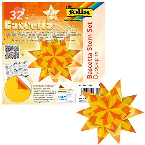 folia 314/1515 - Bastelset Bascetta Stern Duo gelb/orange, 32 Blatt, 15 x 15 cm, fertige Größe des Papiersterns ca. 20 cm, mit ausführlicher Anleitung - ideal zur zeitlosen Dekoration