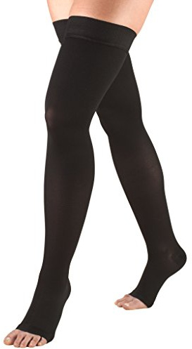 Truform 30-40 mmHg Compression Stockings for Men and Women, Thigh High Length, Dot-Top, Open Toe, Black, Large