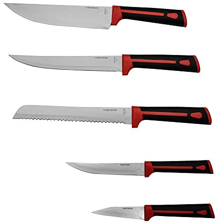 culinario 5-teiliges Messerset, Edelstahlklingen und Kunststoffgriffe in rot-schwarz inkl. Brotmesser und Chefmesser