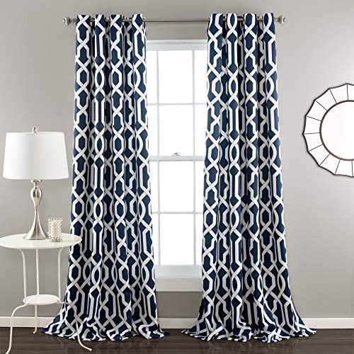 Lush Decor Edward Trellis Curtains Light Filtering Window Panel Set for Living, Dining, Bedroom (Pair), Navy, 52W x 84L