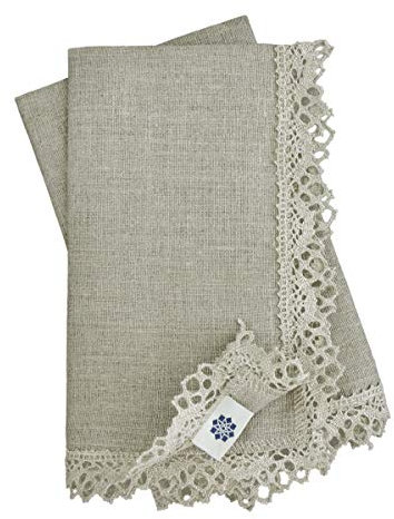 Linen & Cotton 4 x Stoffservietten Vintage Shabby Rustikal Celeste mit Häkeln Spitze - 100% Leinen, Beige Natur (39 x 39cm) Servietten Stoff Leinenservietten für Hochzeit Taufe Kommunion Konfirmation