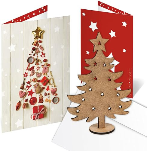 Logbuch-Verlag 10 gleiche Weihnachtskarten mit Baum zum Zusammenstecken aus Holz + Kuvert - Grußkarten Weihnachten mit Geschenk