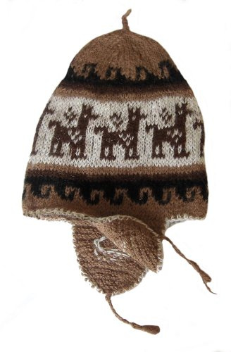 Alpacaandmore Traditionelle Unisex braun/weiße Chullo Mütze Strickmütze naturbelassene Alpakawolle handgestrickt