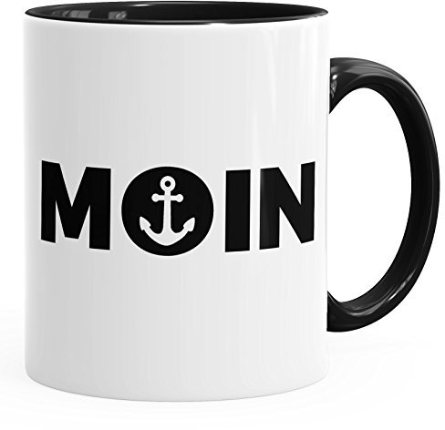 Kaffee-Tasse Moin mit Anker Frühstückstasse mit farbigen Henkel und Innenfarbe MoonWorks® schwarz unisize