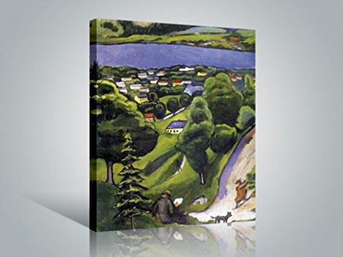 1art1 August Macke Poster Landschaft Am Tegernsee Mit Lesendem Mann Und Hund, 1910 Bilder Leinwand-Bild Auf Keilrahmen | XXL-Wandbild Poster Kunstdruck Als Leinwandbild 80x60 cm