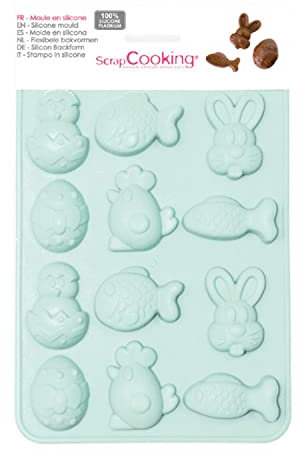 ScrapCooking - Moule Silicone Chocolats de Pâques - 12 Formes Animaux de Pâques : Lapin, Poule, Poisson pour Chocolats & Gâteaux - Ustensile Pâtisserie - Fritures - Vert d’Eau - 6726