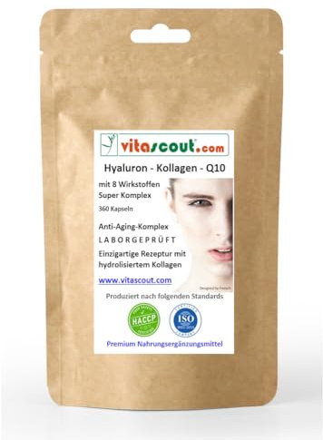 VITASCOUT Hyaluronsäure Kollagen Coenzym Q10 Komplex – 360 Kapseln – mit Vitamin C aus Acerola, Biotin, Zink, Selen, Mangan – Laborgeprüft