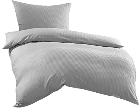Bettwaesche-mit-Stil Mako-Satin Damast Streifen Bettwäsche Linea 4mm 100% Baumwolle gestreift (135cm x 200cm + 80cm x 80cm, Grau)