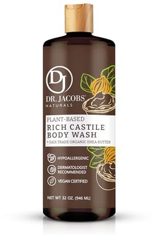 Dr. Jacobs Naturals Pure Castile Liquid Soap - No Palm Oil and NON-GMO - Natural Face and Body Wash, 32 oz. - Free of Parabens, Sulfates, Synthetics, Gltuen, Shea Butter 32 oz.
