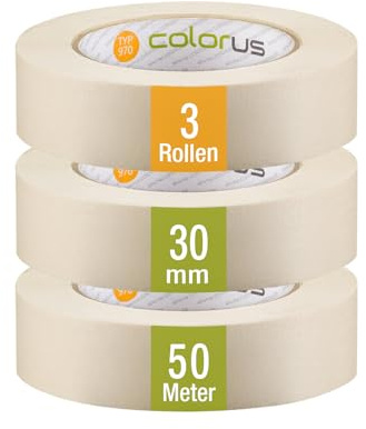 Colorus Maler-Krepp 30 mm x 50 m, 3 Rollen Malerband | Robustes Malerkrepp mit hoher Klebekraft für glatte und leicht raue Untergründe im Innenbereich, 14 Tage Verweildauer
