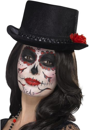 Smiffys Haut-de-forme Jour des morts, Noir, avec roses