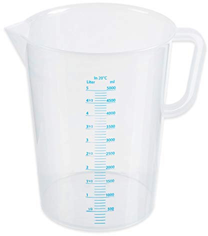 thermohauser Messbecher mit geschlossener Griff, 5000 ml, Kunststoff PE, milchig-weiß, blaue Skala in Litern und Millilitern