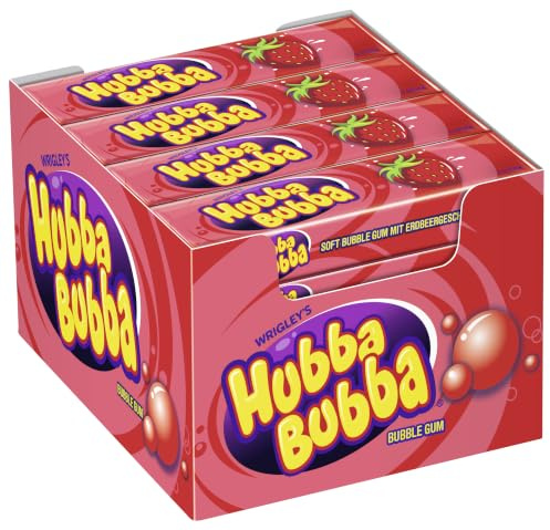 Hubba Bubba Kaugummi Erdbeere 20 Packungen (20 x 5 Stück) | Fruchtiger Kaugummi mit süßem Erdbeergeschmack — perfekt für Büro, Schule oder unterwegs zum Teilen mit Freunden