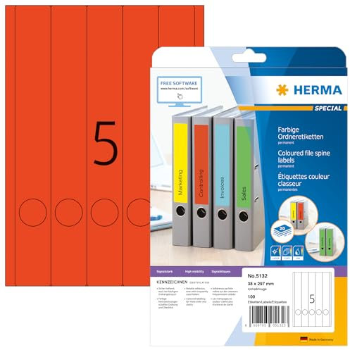 HERMA 5132 Ordnerrücken Etiketten lang schmal, 20 Blatt, 38 x 297 mm, 5 pro A4 Bogen, 100 Stück, selbstklebend, bedruckbar, blickdicht, blanko Papier Ordneretiketten Rückenschilder Aufkleber, rot