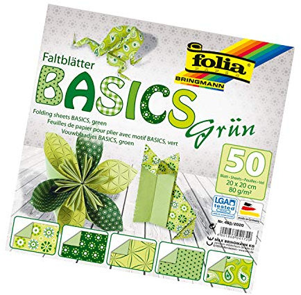 folia 465/2020 - Faltblätter Basics grün 20 x 20 cm, 80 g/qm, 50 Blatt sortiert in 5 Motiven - ideal für wunderschöne Faltfiguren und -formen