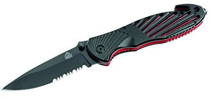 Puma TEC Rettungmesser, Stahl 420, beschichtet, Liner Lock, Teilsägezahnung, Gurtschneider, Schlagdorn, Edelstahl-Clip, grau