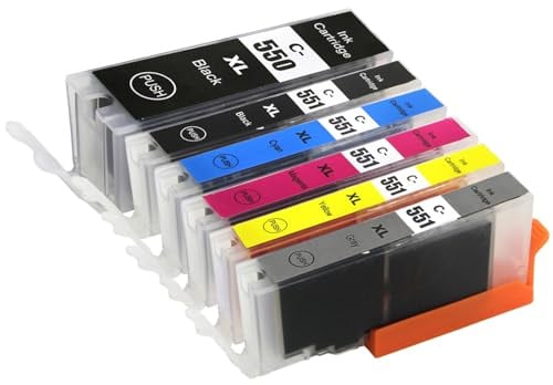 1 Go Inks Set of 6 Ink Cartridges to Repalce Canon PGI-550 & CLI-551 Compatible / Non-OEM for PIXMA Printers (6 Pack), Black, Cyan, Magenta, Yellow, Grey, High Capacity (XL)