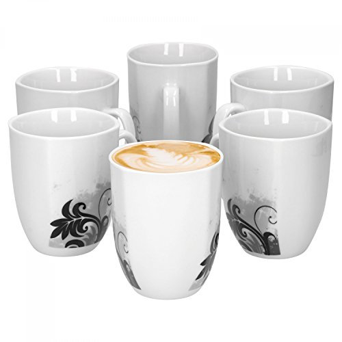 Van Well 6er Set Kaffeebecher Black Flower | 300-350 ml | Jumbo-Tasse | Pott | XL-Tasse | edler Porzellan-Becher für Kaffee & Tee | Gastro