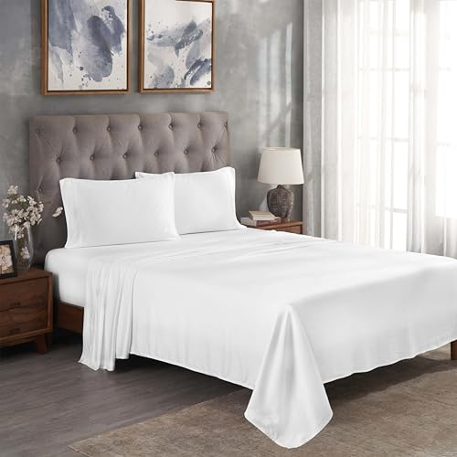 SUPERIOR Modal from Beechwood 300 Thread Bed Sheet Set, 1 Elastic Deep Pocket Fitted Sheet, 1 Flat Sheet, 2 Pillowcases, Soft Cool Sheets, Sateen Weave, Bedding Essentials, Full, White