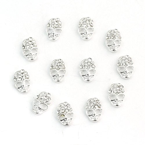LEORX 12 Pack Nail Art Sticker Decoration - Rhinestone Decorated Skull Shaped (Silver)