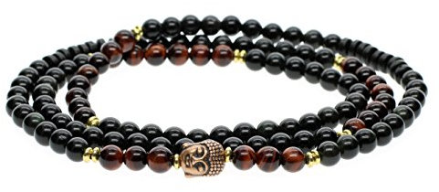 COAI Unisex 108 Mala aus Obsidian Tigerauge Rot mit Buddhakopf