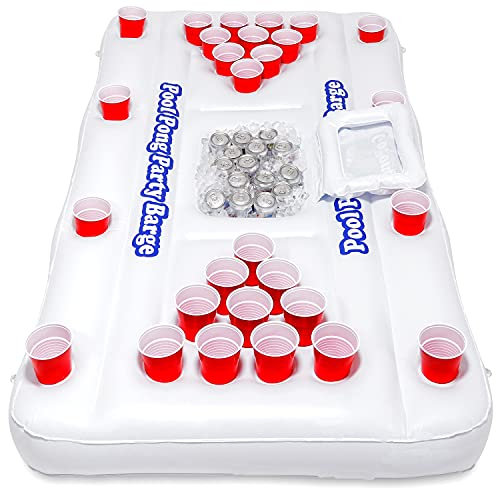 GoPong Beer-Pong für Pool-Partys, schwimmend, mit Kühler, Druckknopfstiel, Weiß