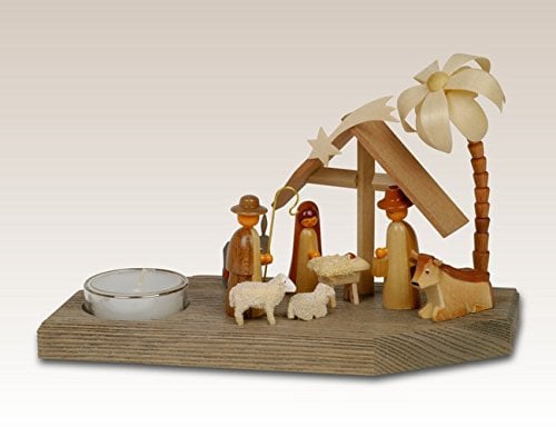 Rudolphs Schatzkiste Kerzenhalter Christi Geburt mit Teelicht Höhe=12cm NEU Kerze Kerzenleuchter Geburt Maria Josef Leuchter Wachskerze Kirche Holz Weihnachten Seiffen Erzgebirge Kerzenhal
