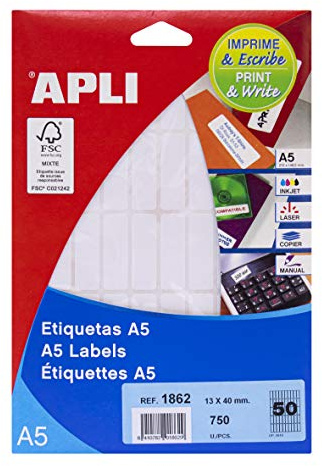 APLI 1862 - Etiketten A5 weiß 13,0 x 40,0 mm 15 Blatt