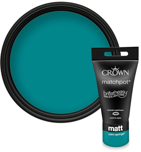Crown WALLS & CEILINGS Deep Teal Matt Paint Tester - Sample 40ml | Try Palm Springs before you buy. See the true colour on your wall, in your own light. Low VOC, low odour, breatheasy