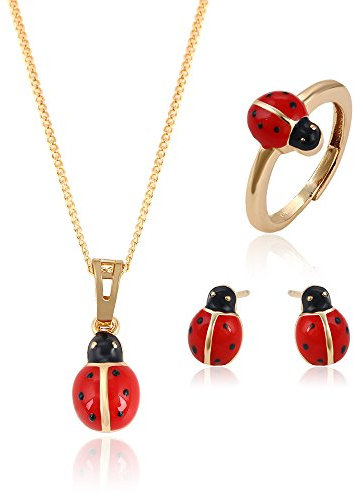 XUPING Marienkäfer Schmuckset vergoldet Ohrstecker Anhänger mit Kette und Marienkäfer-Ring Schmuckset Damen Geschenk