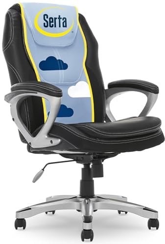 Serta Amplify Chefsessel mit gepolsterten Armlehnen, Verstellbarer ergonomischer Gaming-Schreibtischstuhl mit Lendenwirbelstütze, Kunstleder und Netzstoff, Schwarz