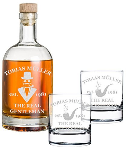 polar-effekt 3-TLG Geschenk-Set Personalisiert mit Gravur - Whiskyflasche und 2 Whiskygläser - Glas-Karaffe Inhalt: 700ml - Geschenkidee für Männer - Motiv a Gentleman