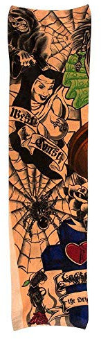 Boland 21002 - Tattoo Ärmel West Coast, 1 Paar, Einheitsgröße, mehrfarbiges Motiv, Überzieher, dehnbar, Skelett, Frau, Spinnennetz, Pistole, Kostüm, Verkleidung, Accessoire, Mottoparty