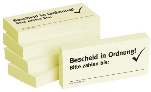 Bedruckte Haftnotizen - Text: Bescheid in Ordnung Ausführung Bescheid in Ordnung Größe (B x H) 75x35 mm Inhalt 5 x 100 Blatt