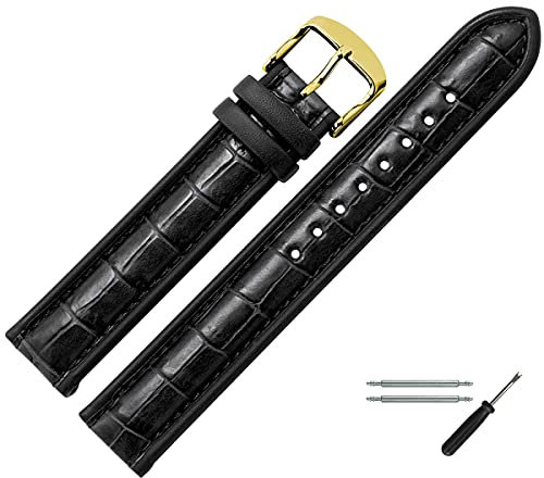 MARBURGER Uhrenarmband 20mm Leder Schwarz Gold Alligator Prägung Mit Naht - Montage Set 8282010000220