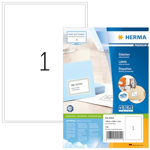 HERMA Etichette per Pacchi e Spedizioni, 199,6 x 289,1 mm, Etichette Adesive A4 per Stampante, 1 Etichette per Foglio, Bianco