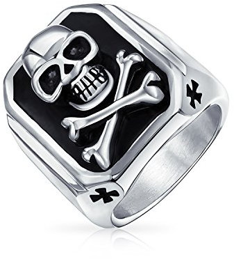 Bling Jewelry Großer Schwarzer Emaille Karibik Piratenschädel & Kreuzknochen Rechteck Signet Ring Für Männer Jugendliche Silberfarbener Edelstahl