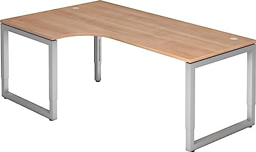 Bümö höhenverstellbarer Eckschreibtisch R-Serie 200x120 cm in Nussbaum, Gestell in Silber - Schreibtisch L Form, großer Tisch für's Büro, Computertisch höhenverstellbar