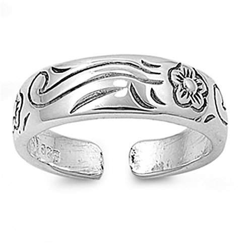 Bague d'orteil, Bague de pied, Largeur 3mm, Argent sterling 925, Taille ajustable, Fleur 6